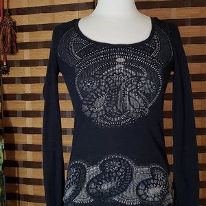 Lucky Brand Paisley Black Thermal Top Medium EUC S